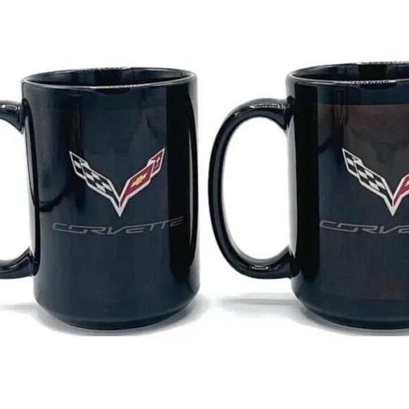 Vintage RARE Chevrolet Corvette Coffee Mug Cup Set of 2 Vette Racing Logo Black - Picture 2 of 12